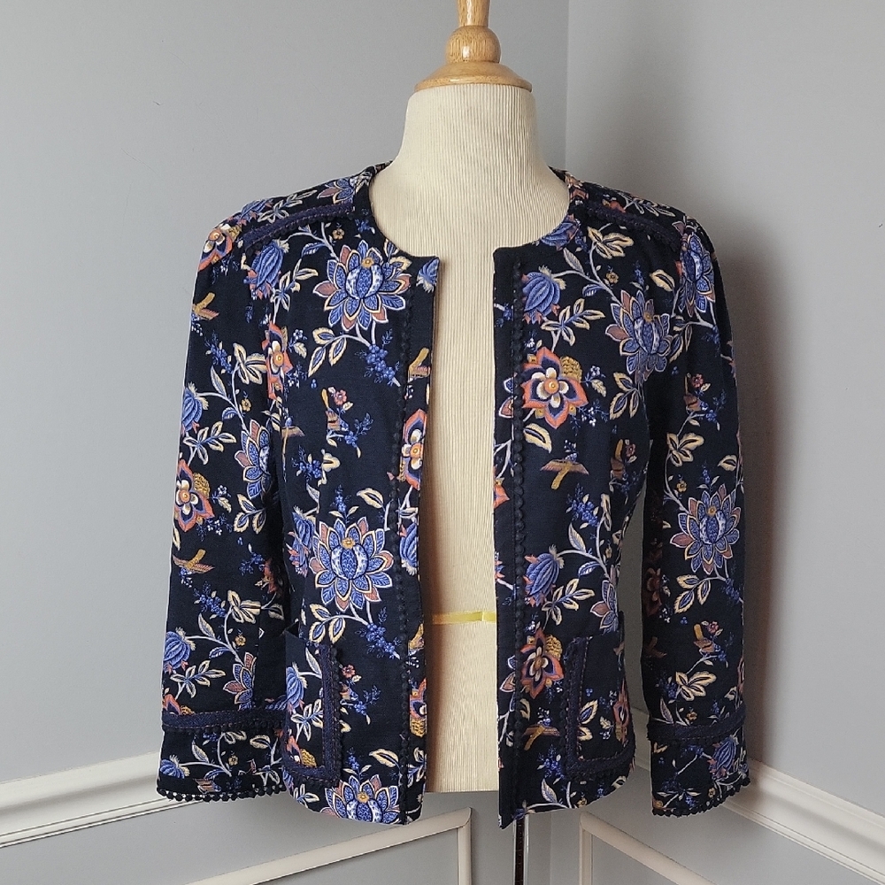 LOFT Navy Blue Floral Print Cottage Preppy Cotton Office Casual Open Jacket 8